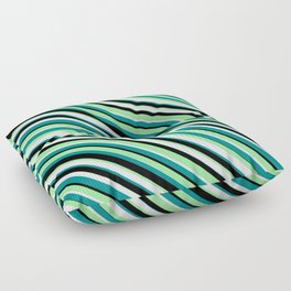 [ Thumbnail: Green, White, Dark Cyan & Black Colored Striped/Lined Pattern Floor Pillow ]