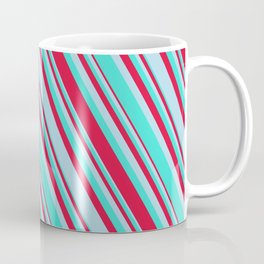 [ Thumbnail: Turquoise, Crimson, and Light Blue Colored Lined Pattern Coffee Mug ]