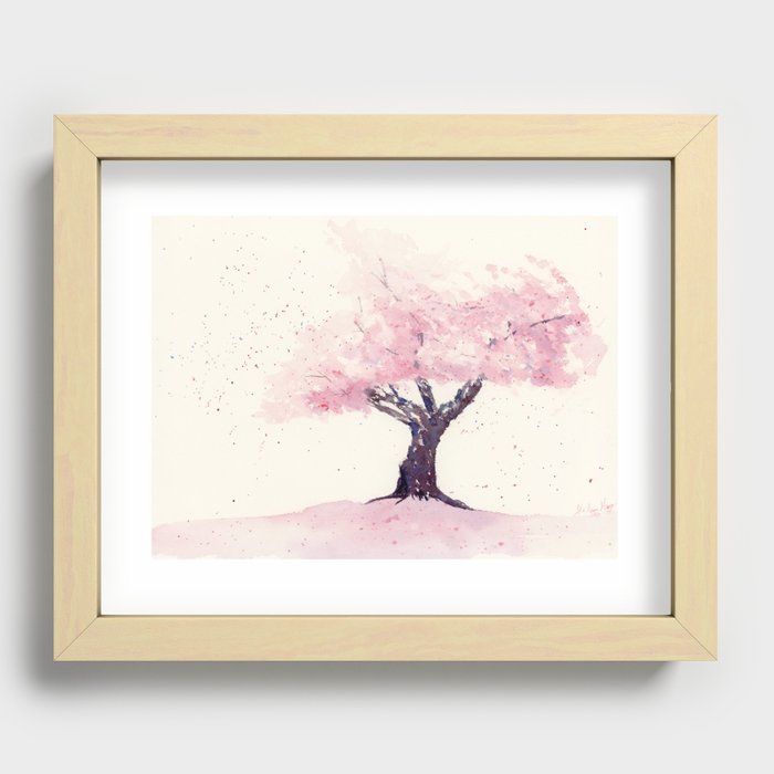 Spring in Pink , Cherry Blossm, Art Watercolor Painting by Suisai Genki  Recessed Framed Print