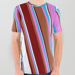 [ Thumbnail: Vibrant Violet, Sienna, Maroon, White, and Deep Sky Blue Colored Stripes Pattern All Over Graphic Tee ]