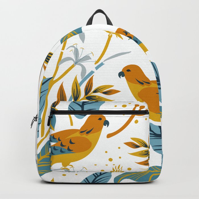 Tropical orange parrots yellow and teal leaves Backpack