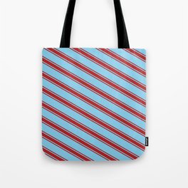 [ Thumbnail: Sky Blue & Red Colored Stripes Pattern Tote Bag ]