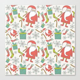 Santa Pattern with Stockings, Christmas Gifts, and Winter Snowflakes Canvas Print