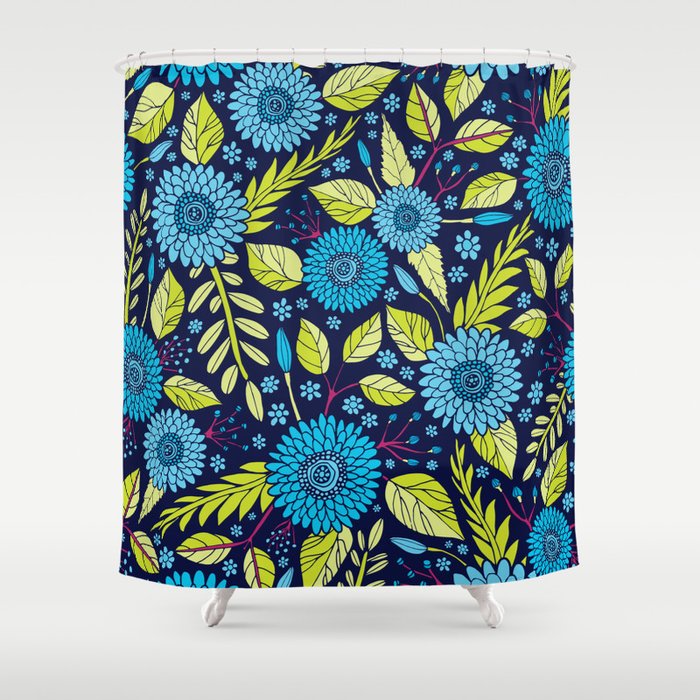 Turquoise Blue, Lime Green, Magenta & Navy Floral Pattern Shower Curtain