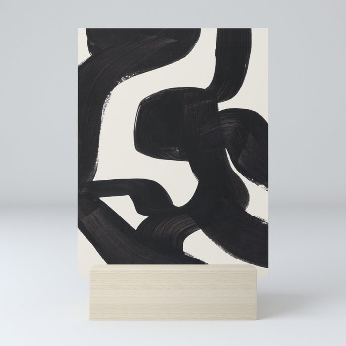 Mid Century Modern Minimalist Abstract Art Brush Strokes Black & White Ink Art Maze Mini Art Print