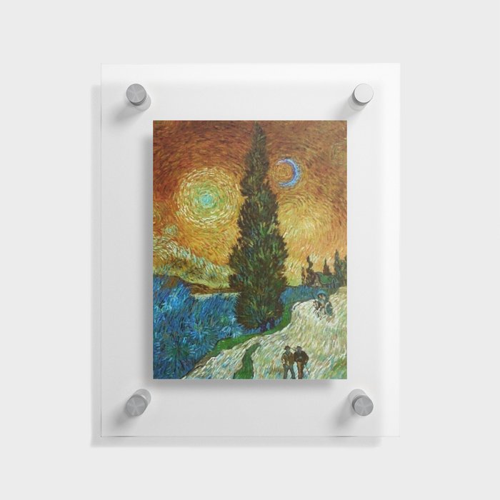 Road with Cypress and Star; Country Road in Provence by Night, oil-on-canvas post-impressionist landscape painting by Vincent van Gogh in alternate gold twilight sky Floating Acrylic Print