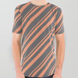 [ Thumbnail: Light Salmon & Dim Grey Colored Striped Pattern All Over Graphic Tee ]