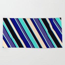 [ Thumbnail: Eye-catching Dark Slate Blue, Bisque, Turquoise, Blue, and Black Colored Lined/Striped Pattern Beach Towel ]
