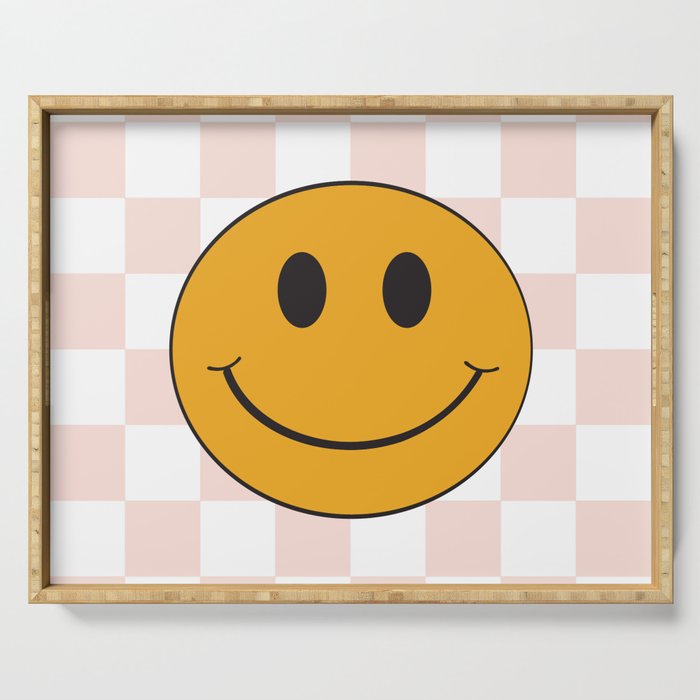 Smiley Face Pink & White Checker Pattern Serving Tray