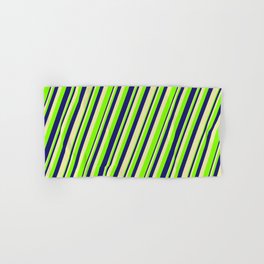 [ Thumbnail: Pale Goldenrod, Chartreuse & Midnight Blue Colored Lines Pattern Hand & Bath Towel ]