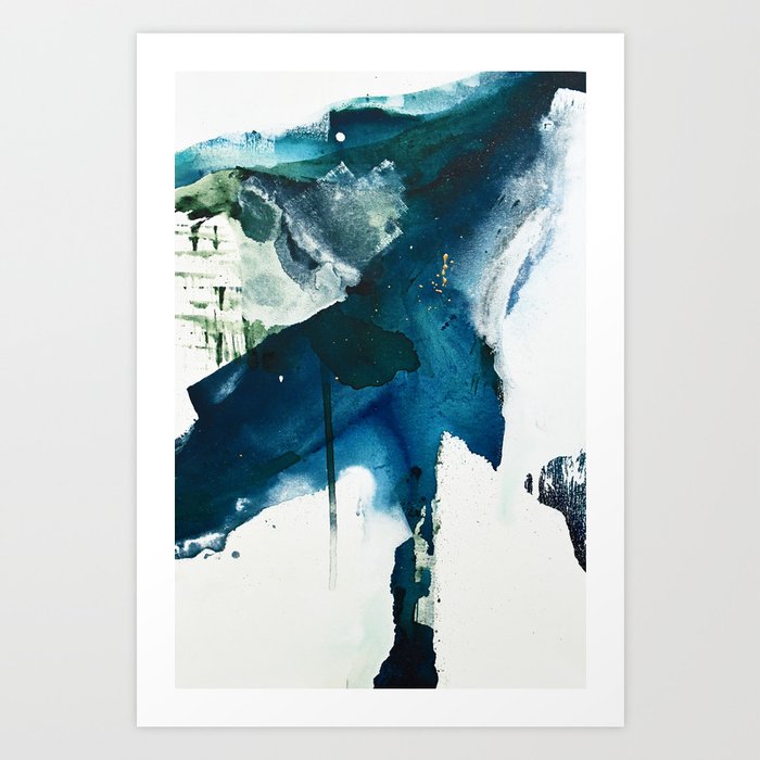 Untamed: a pretty, minimal, abstract painting in blue, white and gold by Alyssa Hamilton Art  Art Print