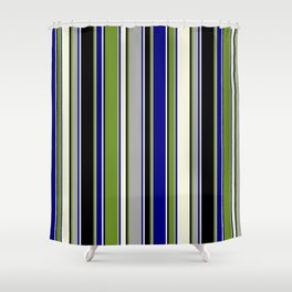 [ Thumbnail: Green, Dark Gray, Blue, Beige, and Black Colored Lined Pattern Shower Curtain ]