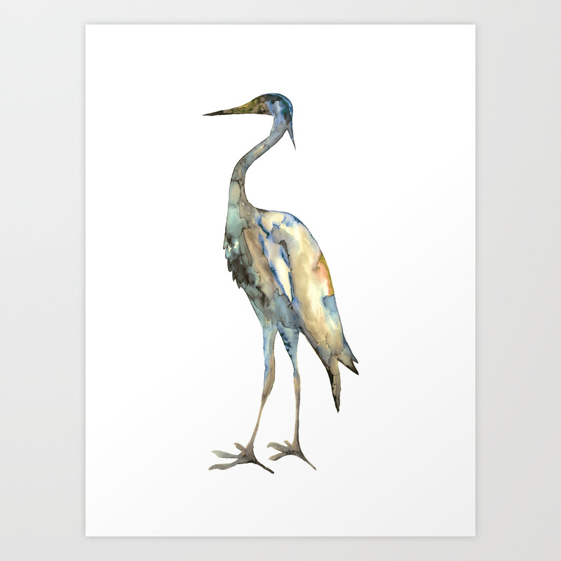 Crane 2 Bird Ink Painting In Subdued Blue Art Print By Purdeybarcelona Society6