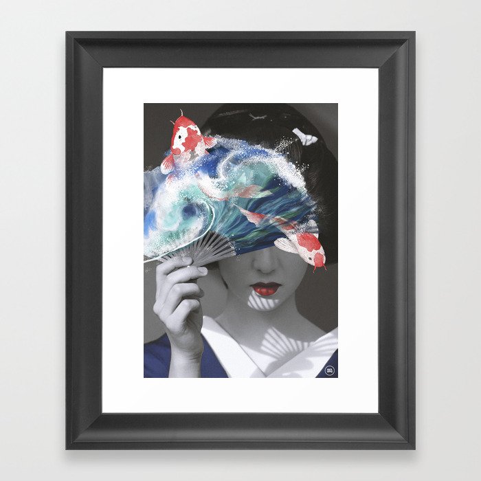 Geisha with Koi Fan. Framed Art Print