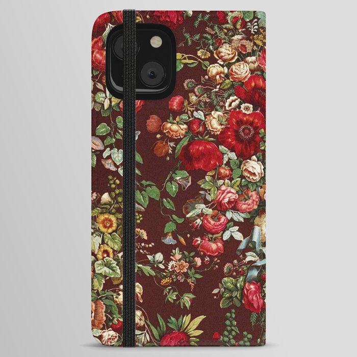 CHINTZ RED FLORAL PATTER WITH BLUE RIBBON. iPhone Wallet Case