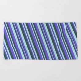[ Thumbnail: Slate Blue, Dark Slate Gray, and Light Blue Colored Pattern of Stripes Beach Towel ]