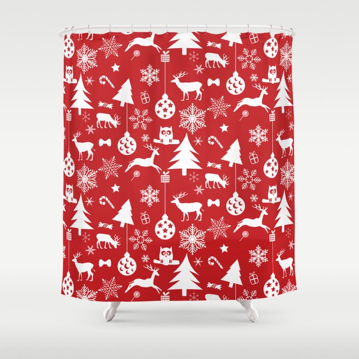 Merry Christmas and Happy New Year Collection of seamless patterns with red colors background. Vintage illustration.  Shower Curtain