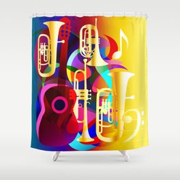 Colorful music instruments with guitar, trumpet, musical notes, bass clef and abstract decor Shower Curtain