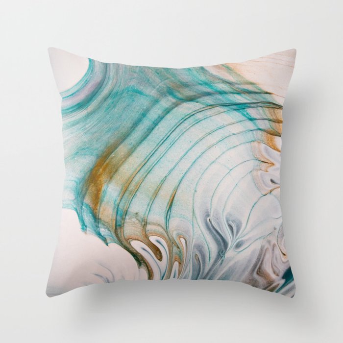 teal gold and white acrylic waves Throw Pillow