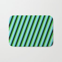 [ Thumbnail: Turquoise, Black, Lime Green, and Light Blue Colored Lines/Stripes Pattern Bath Mat ]