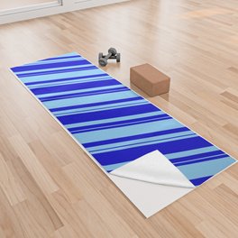 [ Thumbnail: Blue and Light Sky Blue Colored Lined/Striped Pattern Yoga Towel ]