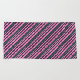 [ Thumbnail: Hot Pink and Dark Slate Gray Colored Stripes Pattern Beach Towel ]