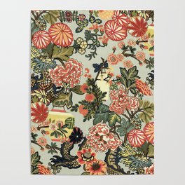 Chinese Dragon Vintage Floral Pattern Poster