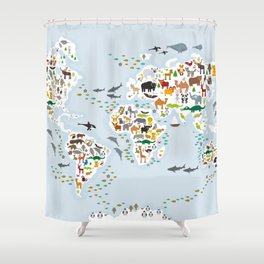 Cartoon animal world map for children and kids, Animals from all over the world, back to school Shower Curtain
