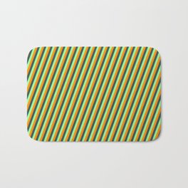 [ Thumbnail: Dark Slate Gray, Green, and Dark Orange Colored Pattern of Stripes Bath Mat ]