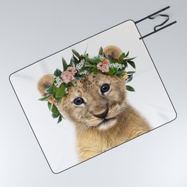 Baby Lion with Flower Crown, Baby Girl, Pink Nursery, Baby Animals Art Print by Synplus Picnic Blanket