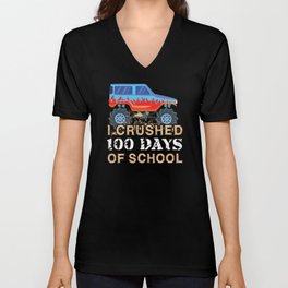 Days Of School 100th Day 100 Monster Truck Crushed V Neck T Shirt