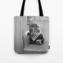 Dad on a Good Day - Chimpanzee Father reading the New York Times black and white photograph Tote Bag