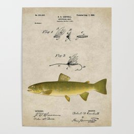 Vintage Brown Trout Fly Fishing Lure Patent Game Fish Identification Chart Poster