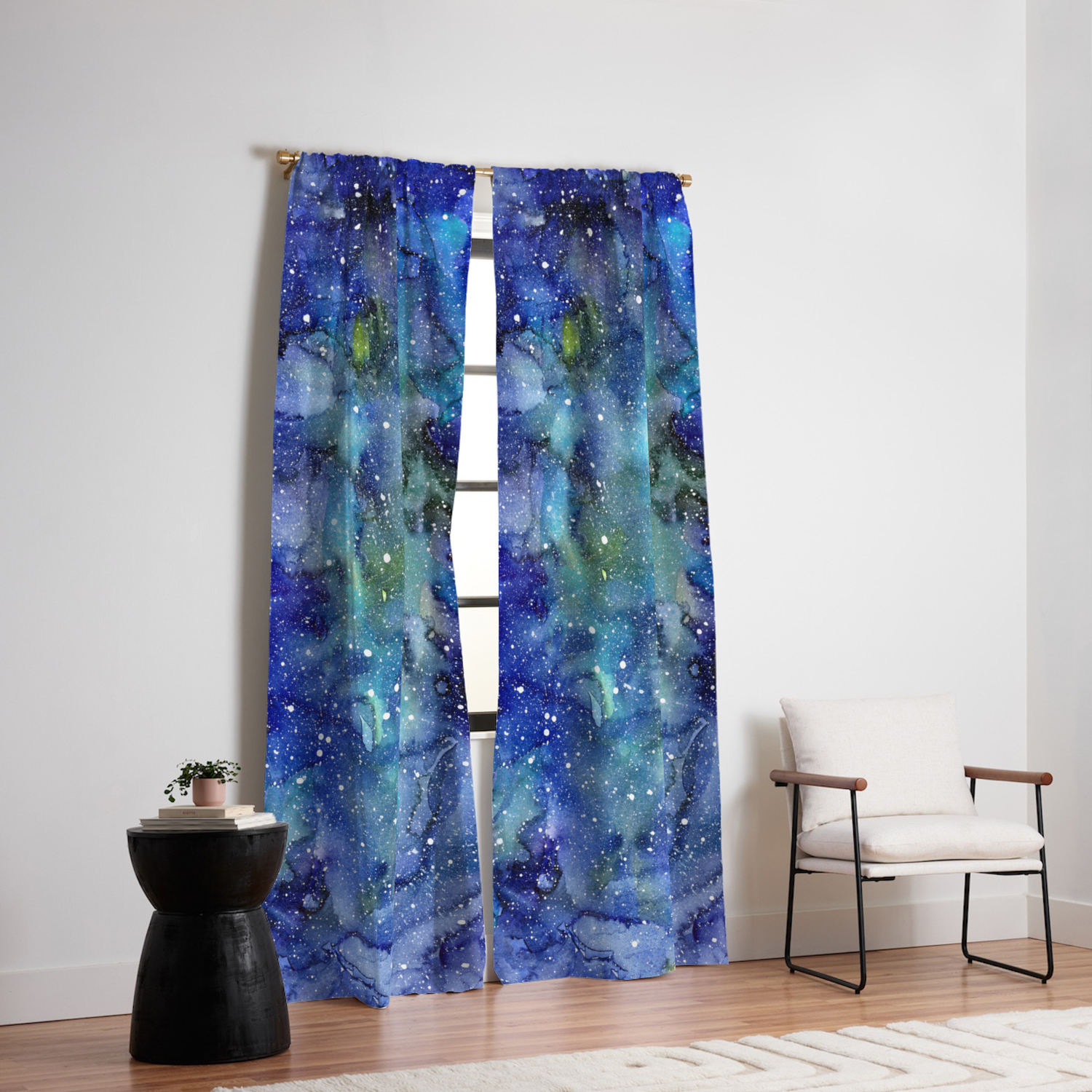 Space Galaxy Blue Green Watercolor Nebula Painting Blackout