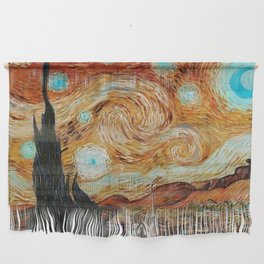 The Starry Night - La Nuit étoilée oil-on-canvas post-impressionist landscape masterpiece painting in alternate earthen gold and blue by Vincent van Gogh Wall Hanging