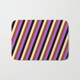 [ Thumbnail: Bisque, Brown, Orchid & Black Colored Striped Pattern Bath Mat ]