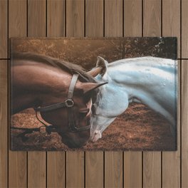 Farm horses Brown and White at sunset Outdoor Rug