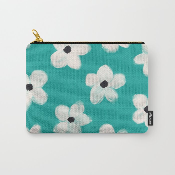 Retro Moody Flowers on Aqua Green Teal  Carry-All Pouch