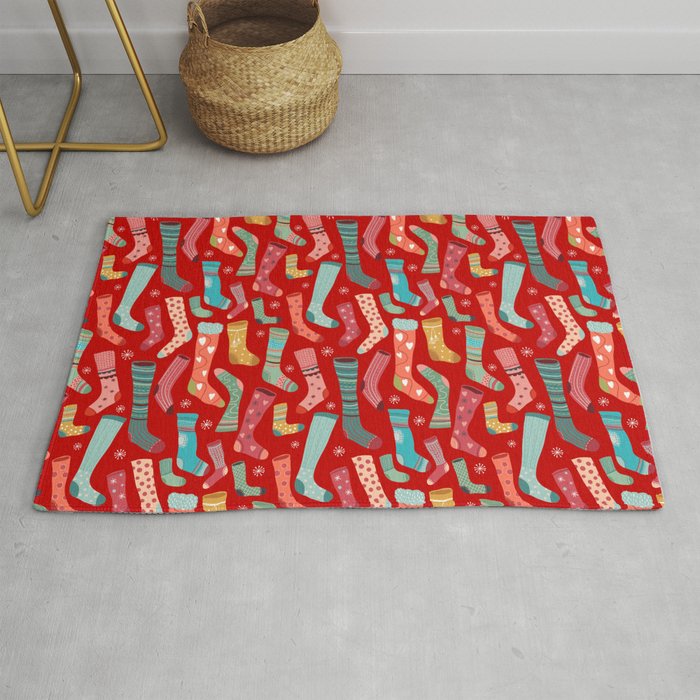 Seamless Colorful Winter Socks Pattern on Red Background Rug