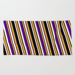[ Thumbnail: Goldenrod, Indigo, Beige & Black Colored Pattern of Stripes Beach Towel ]