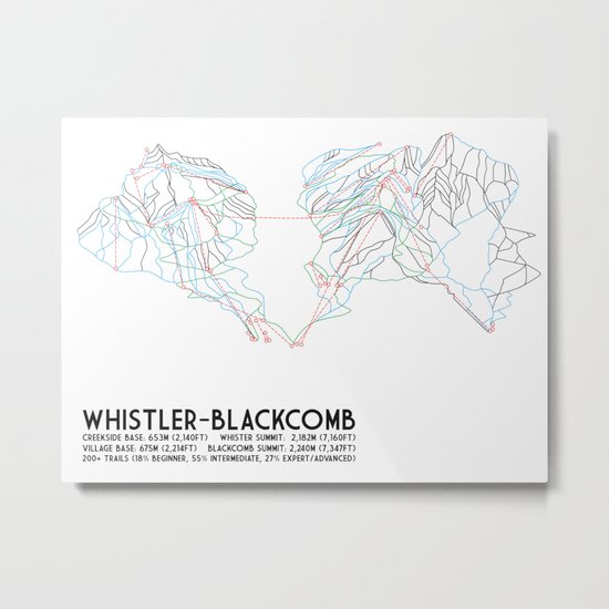 Whistler Blackcomb, BC, Canada - Minimalist Trail Map Metal Print