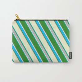 [ Thumbnail: Light Yellow, Deep Sky Blue, Forest Green & Grey Colored Stripes Pattern Carry-All Pouch ]