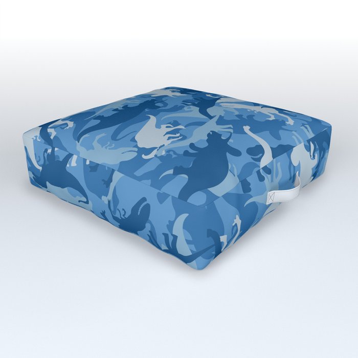 Camouflage Pattern Jurassic Dinosaurs Animal Print in Classic Blues Outdoor Floor Cushion