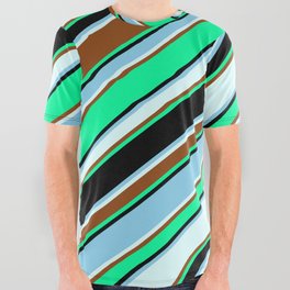 [ Thumbnail: Vibrant Green, Black, Sky Blue, Light Cyan & Brown Colored Lined/Striped Pattern All Over Graphic Tee ]