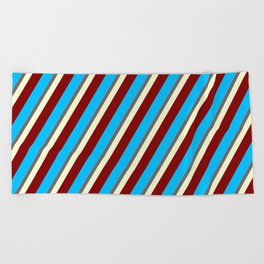 [ Thumbnail: Eyecatching Sky Blue, Dim Grey, Light Yellow, Maroon, and Deep Sky Blue Colored Lined Pattern Beach Towel ]