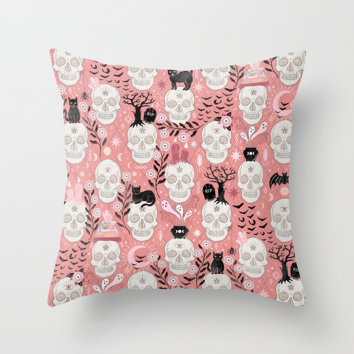 Skulls with cats, bats, and witchy things - halloween, pastel orange, coral Throw Pillow