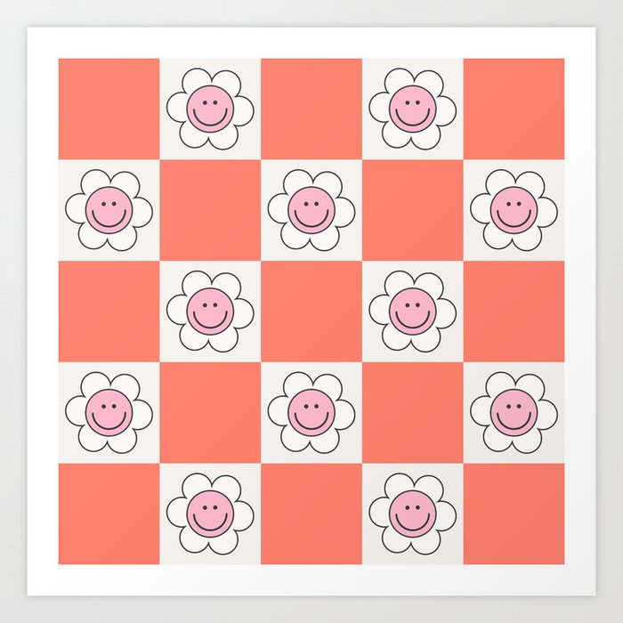 Checkered Smiley Flower Pattern Pink Art Print