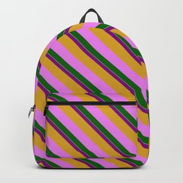 [ Thumbnail: Vibrant Purple, Goldenrod, Violet, Dark Green & White Colored Lined Pattern Backpack ]