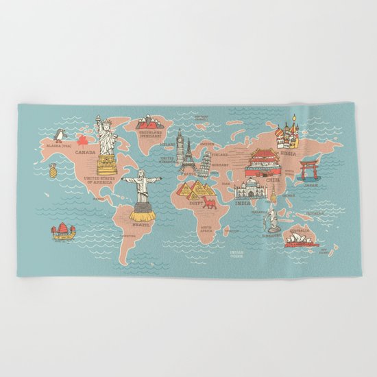 World Map Cartoon Style Beach Towel