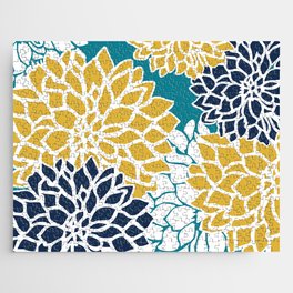 Flower Blooms, Yellow, Teal, Navy Jigsaw Puzzle